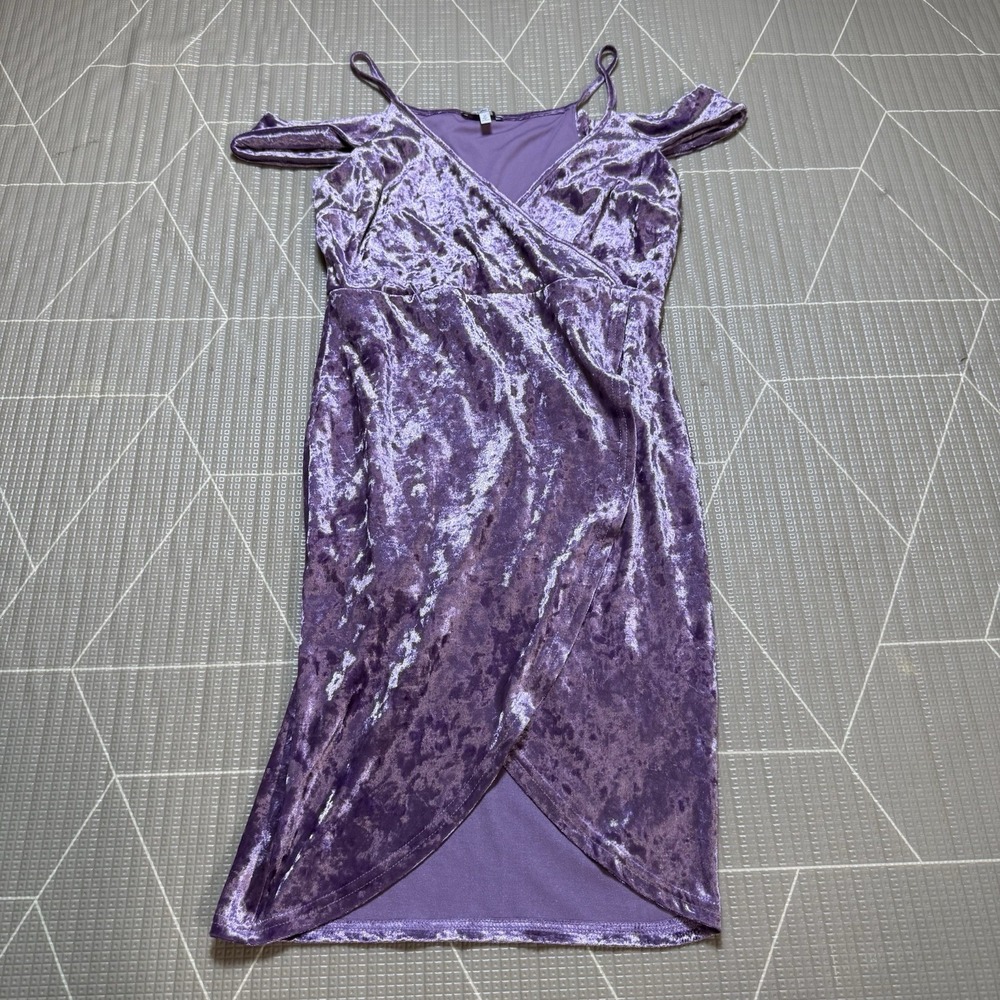 Charlotte Russe Lavender Crushed Velvet Dress M Cold Shoulder Faux Wrap Y2K
